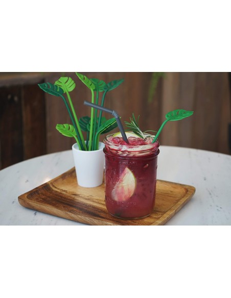 Set da party contenitore con 6 cucchiaini agitatori e 6 spiedini foglie - TROPICAL PARTY by Qualy