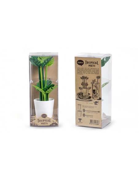 Set da party contenitore con 6 cucchiaini agitatori e 6 spiedini foglie - TROPICAL PARTY by Qualy