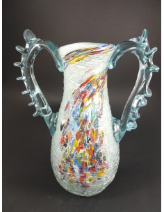 Anfora lusso con 2 manici bianco ghiacciato con murrine e colature h 30 - The Glass Cathedral Santa Chiara