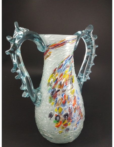 Anfora lusso con 2 manici bianco ghiacciato con murrine e colature h 30 - The Glass Cathedral Santa Chiara