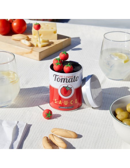 Balvi Set 6 Spiedini per Aperitivo in Scatola di Latta TOMATO